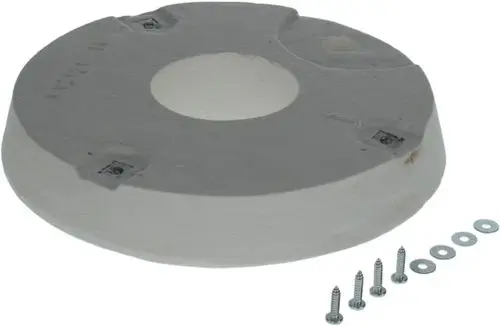 Bosch Wärmeschutzschild in runder Form mit zentralem Loch und Befestigungsmöglichkeiten. Neben Schrauben und Unterlegscheiben aus Metall.